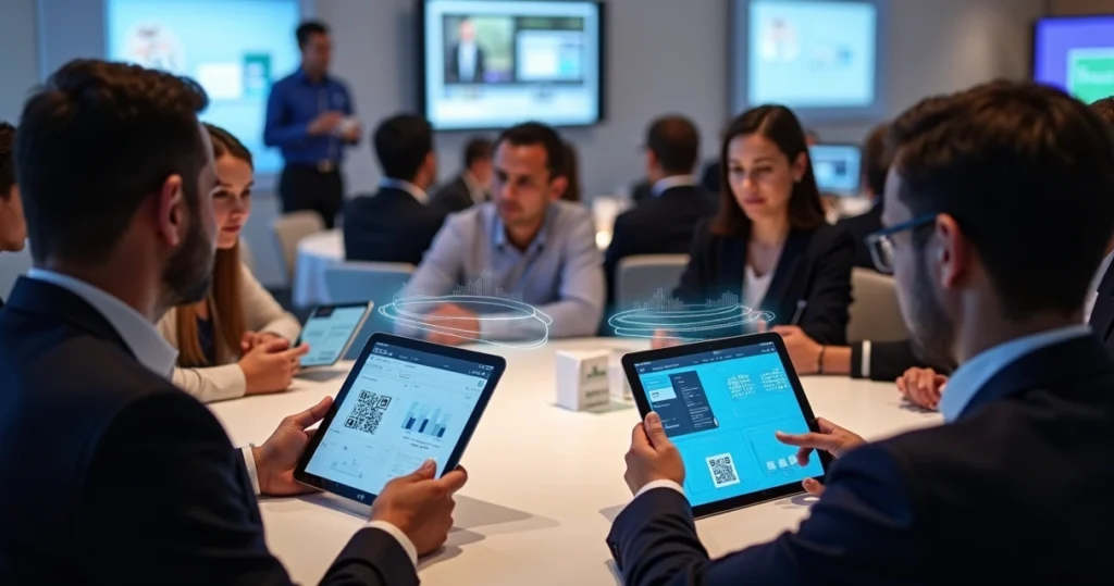 Tablets modernos em uso durante evento corporativo com pessoas interagindo e tecnologia visível na tela