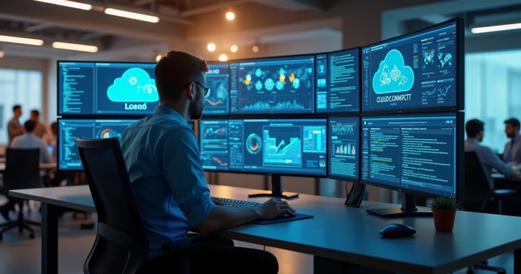 Profissional de TI analisando dados em múltiplas telas em ambiente moderno de escritório