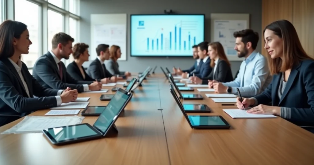 Mesa de reunião com vários tablets alinhados e pessoas ao redor participando de treinamento corporativo