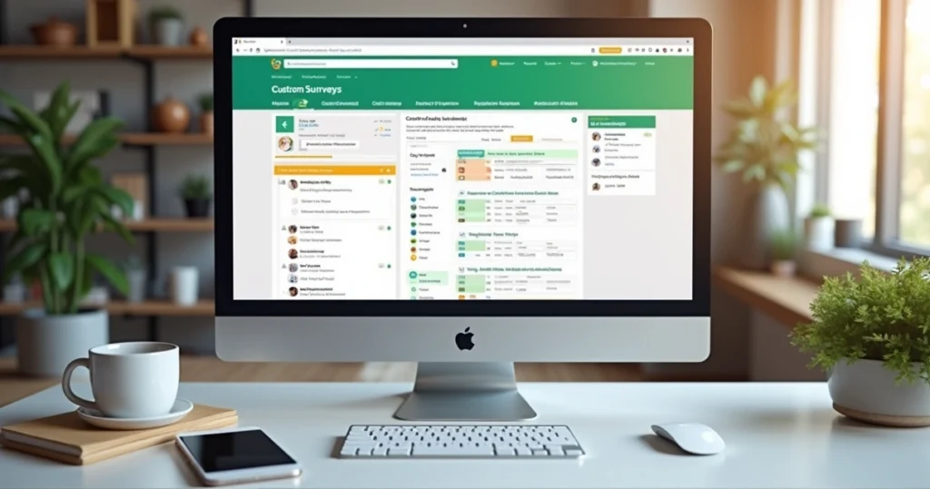 Tela de computador exibindo criação de pesquisa personalizada no SurveyMonkey com gráficos e opções de personalização