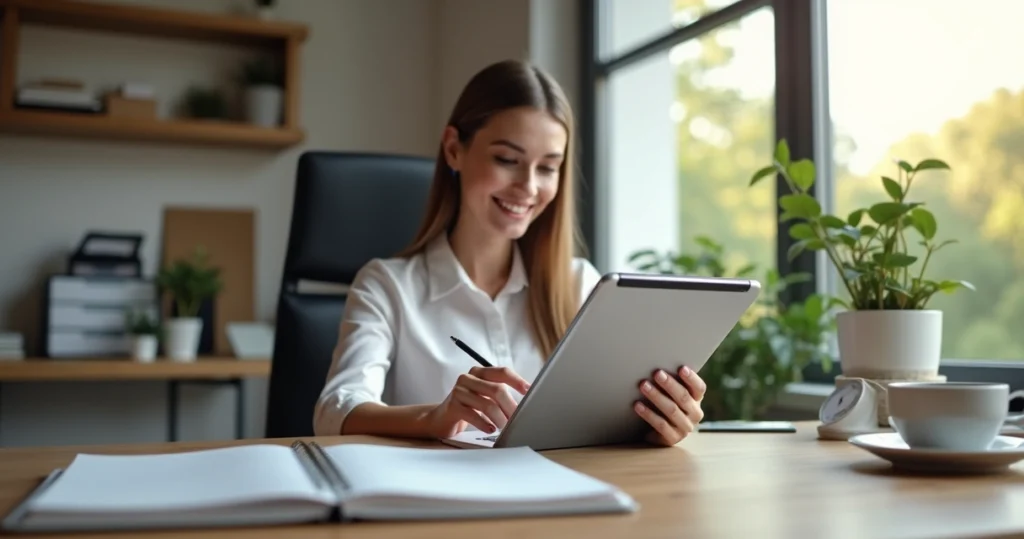 Profissional trabalhando com tablet em ambiente corporativo, mesa com notebook e café