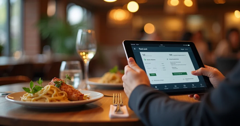 Tablet em mesa de restaurante com cardápio digital e cliente fazendo pedido