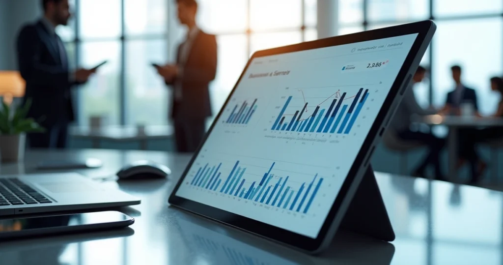 Tablet empresarial moderno sobre mesa de escritório com gráficos no visor e ambiente corporativo ao fundo