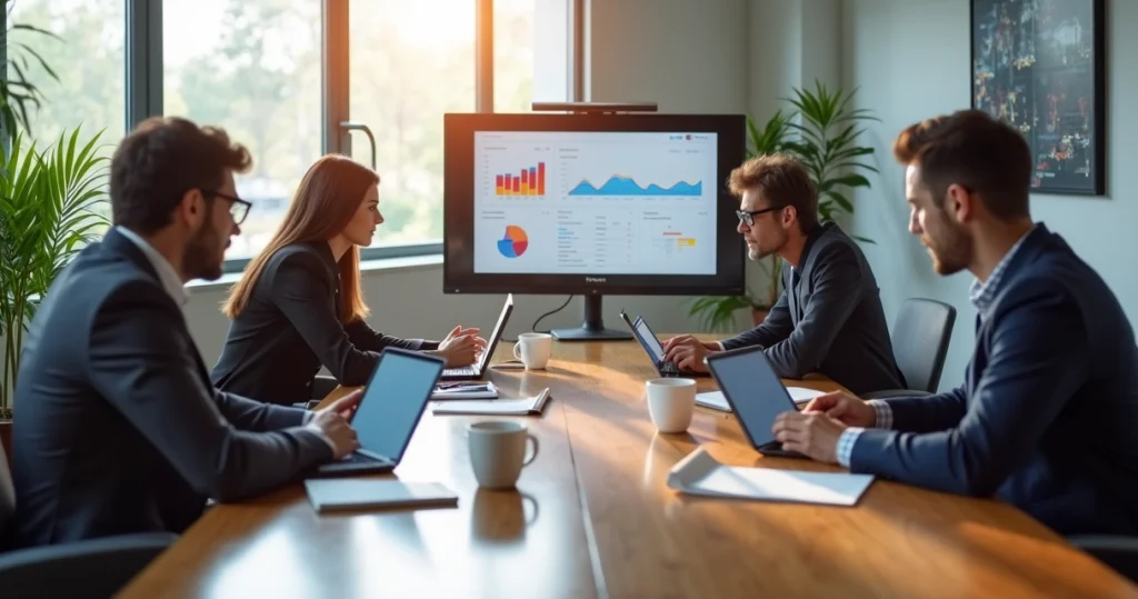 Mesa de reunião corporativa com tablets prontos para uso e profissionais discutindo projetos empresariais