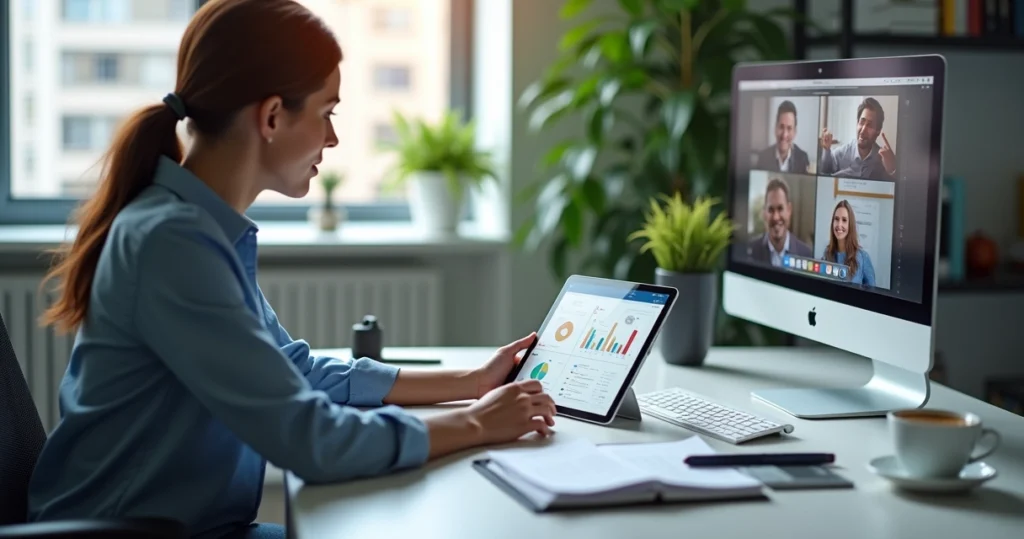 Profissional usando tablet em escritório moderno com vários dispositivos eletrônicos ao redor