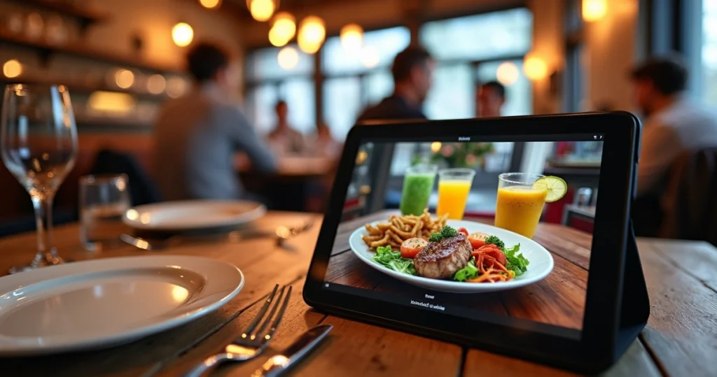 Tablet em mesa de restaurante exibindo cardápio digital com pratos e bebidas coloridas