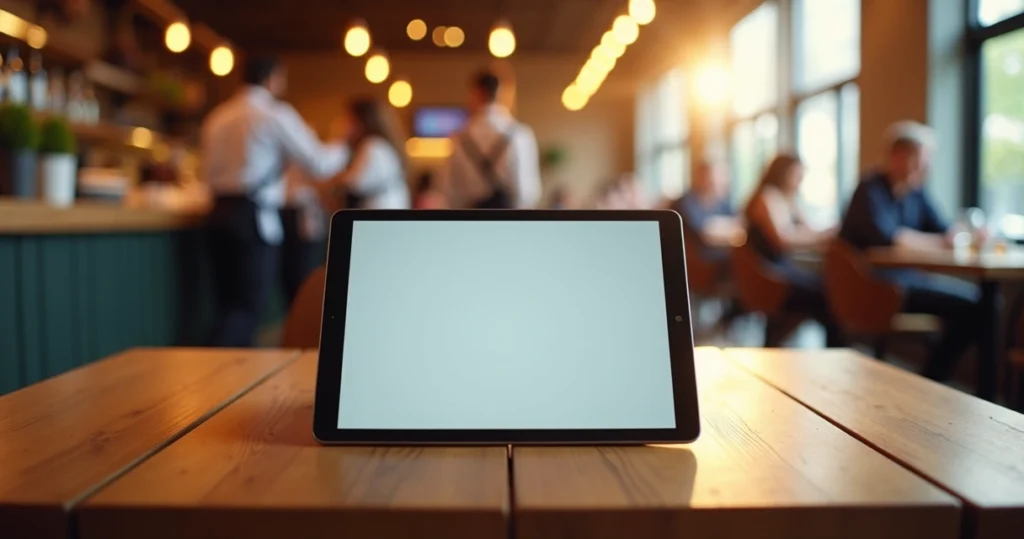Tablet posicionado em mesa de restaurante com cardápio digital exibido na tela, ao fundo garçons e clientes interagindo