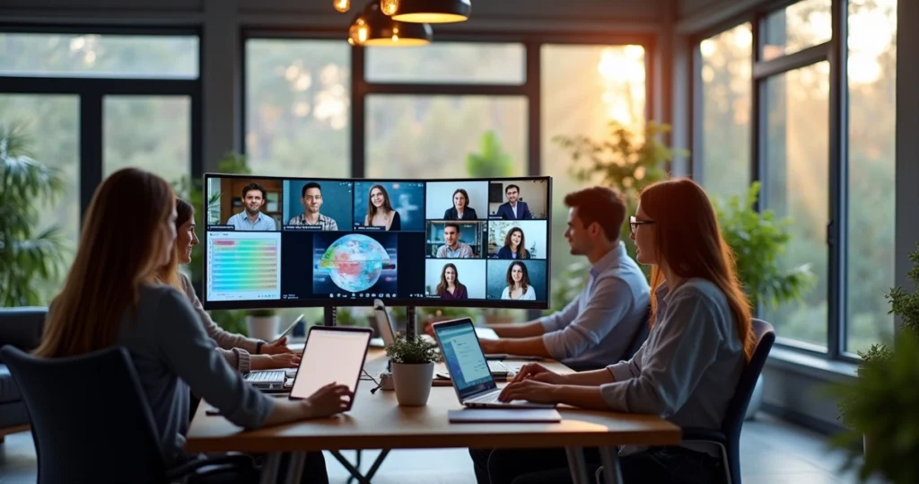 Equipe remota trabalhando em escritório moderno com monitores grandes e iluminados