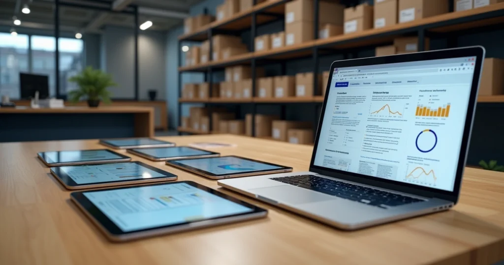 Mesa com vários tablets organizados em filas, com etiquetas de identificação e planilhas abertas em notebook ao lado