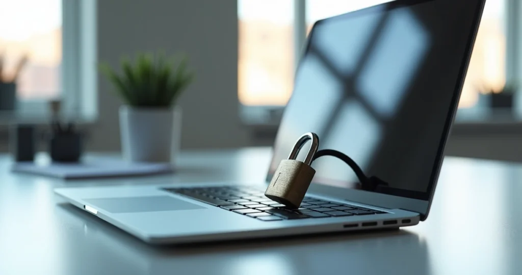 Notebook moderno com cadeado digital sobre o teclado, em ambiente corporativo com luz natural