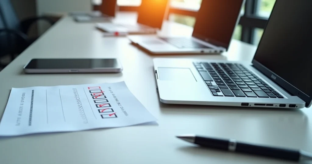 Mesa de escritório com vários notebooks em diferentes posições, checklist impresso ao lado, ambiente corporativo bem iluminado