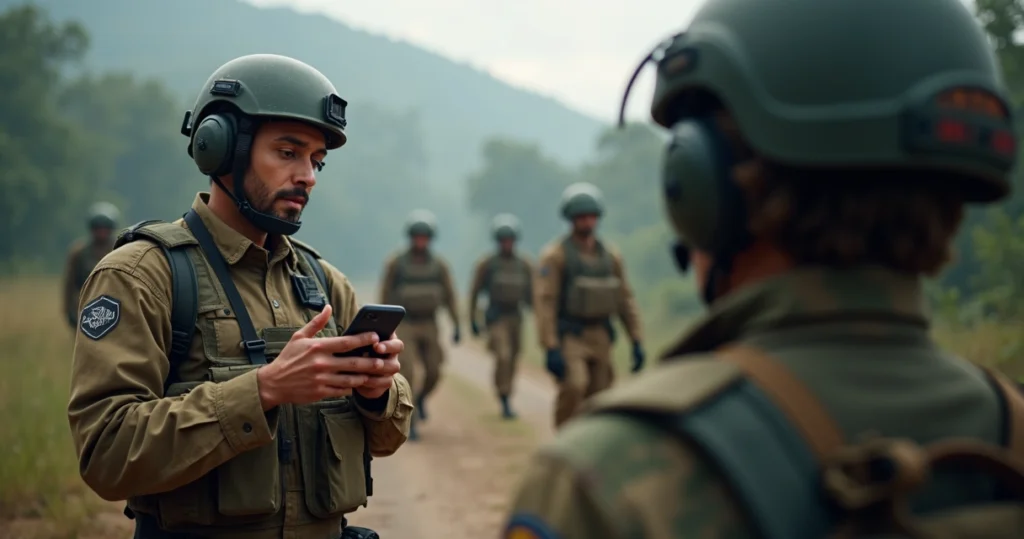 Equipe corporativa usando celulares alugados em ambiente externo durante operação de campo