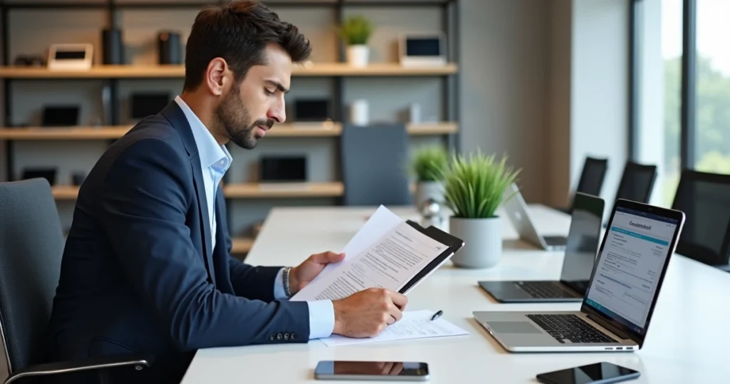 Profissional analisando contrato de aluguel de dispositivos tecnológicos em escritório moderno