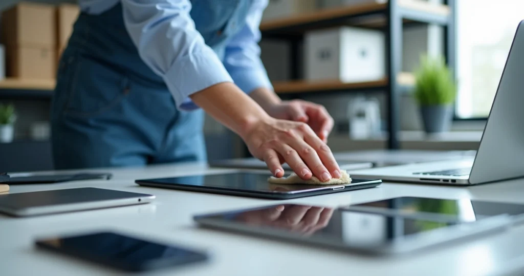 Tecnico preparando tablet para devolução em ambiente corporativo organizado