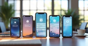 Mesa moderna com vários celulares corporativos personalizados exibidos lado a lado, em ambiente de escritório com luz natural