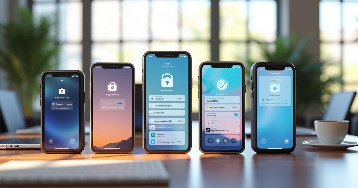 Mesa moderna com vários celulares corporativos personalizados exibidos lado a lado, em ambiente de escritório com luz natural