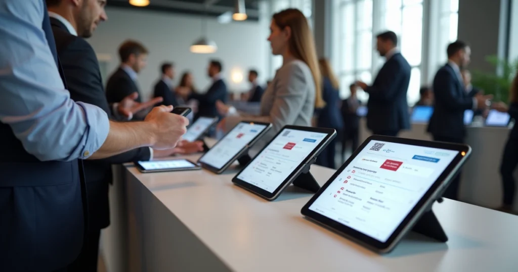 Mesa com tablets modernos mostrando sistema de check-in digital em evento corporativo