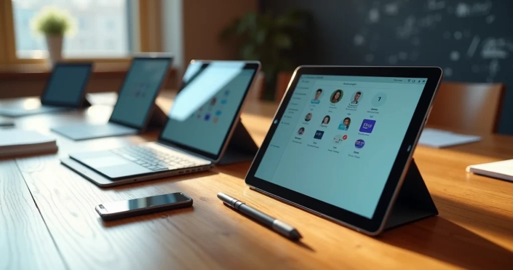 Mesa de madeira com vários tablets abertos mostrando diferentes perfis de usuários em telas distintas