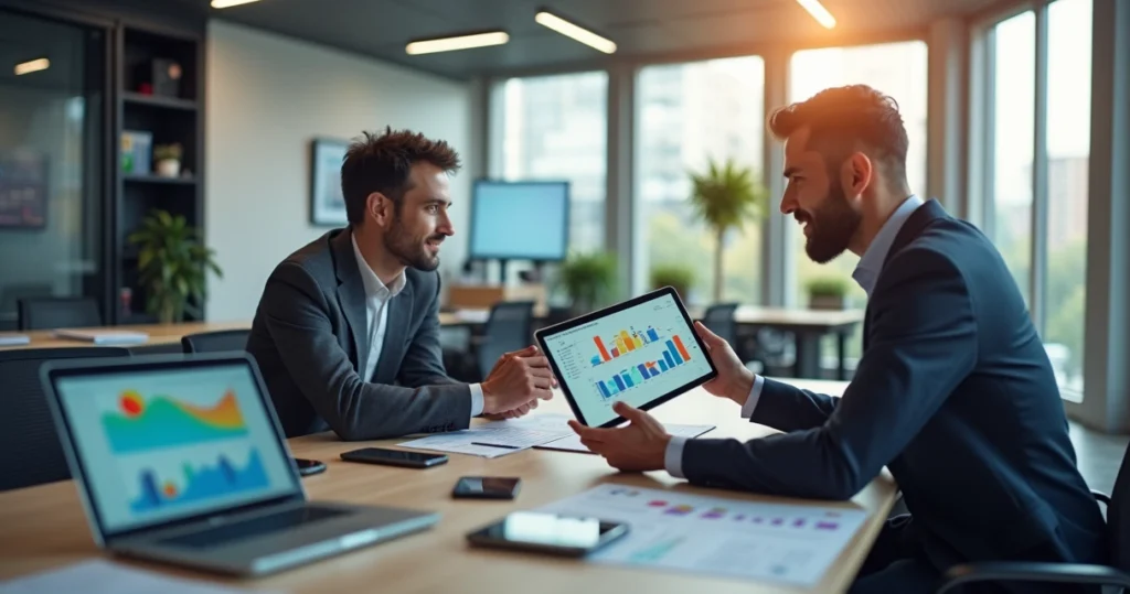 Profissionais discutindo opções de upgrade e substituição de dispositivos eletrônicos em ambiente corporativo