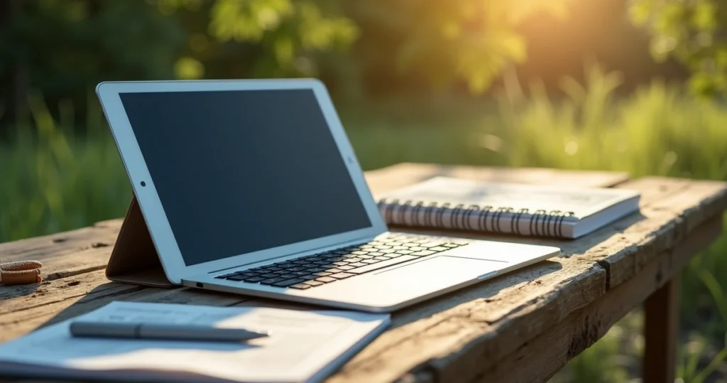 Tablet e notebook lado a lado em um ambiente de pesquisa em campo, sobre uma mesa rústica com cadernos e mapas, luz natural intensa iluminando os dispositivos